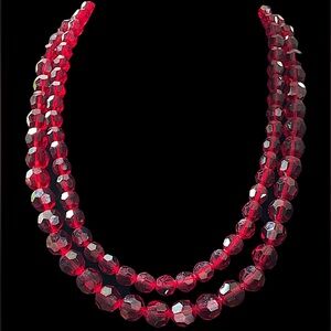 Vintage Austria Signed Red Crystal Double Stranded Bead Necklace